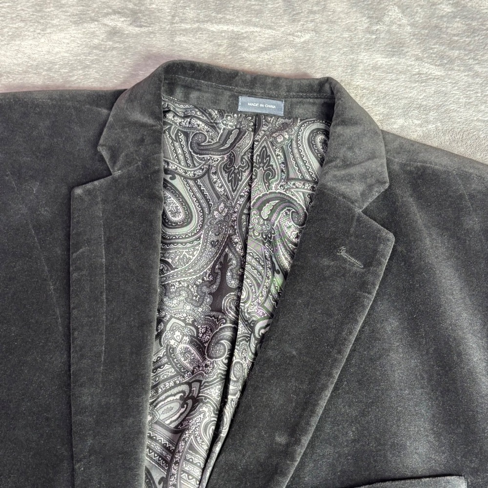 Madison Blazer Mens 44L Charcoal Grey Cotton Velvet Paisley Lining Modern Fit